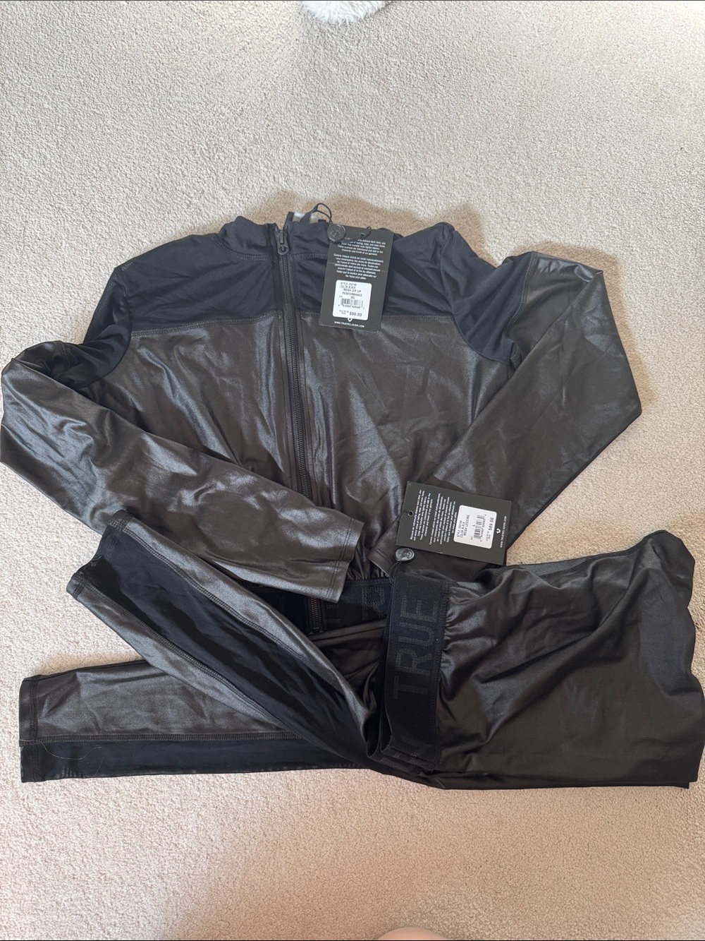 True Religion Black Metallic Active Jacket and Leggings Set